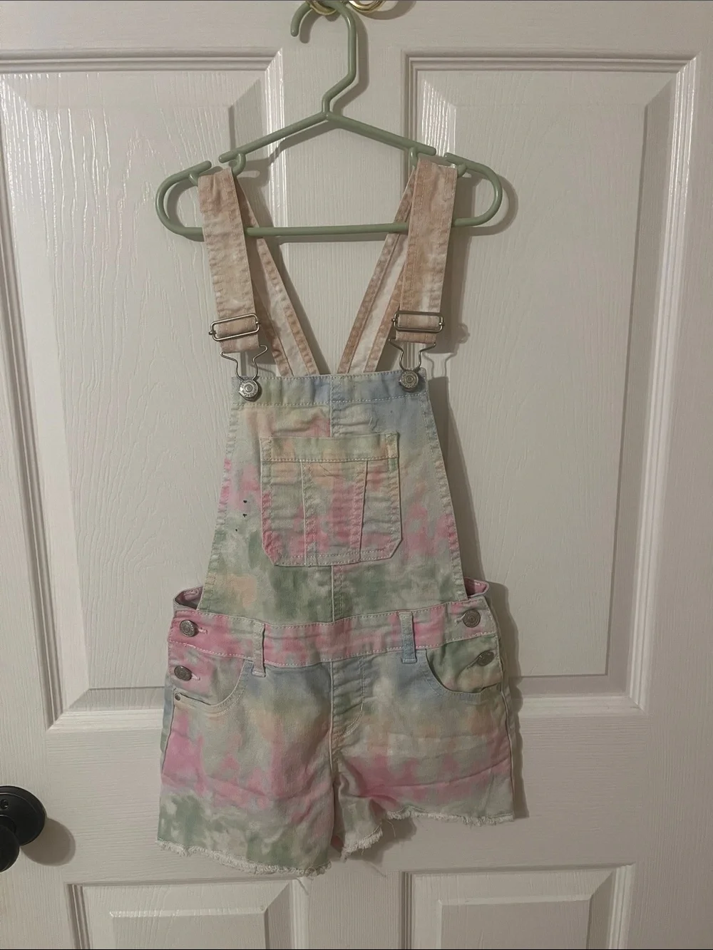 Jordache Pastel Tie-Dye Short Overalls - Pink, Mint & Light Blue